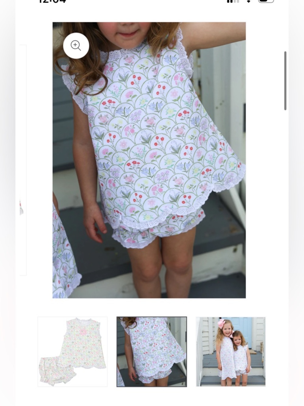 Garden Print Scalloped Kids Matching Set - White with Pink & Green